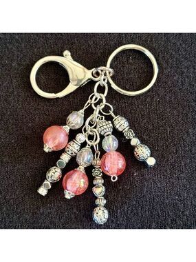 NEW Pink and Silver Beaded Crystal Bag Charm Keychain Handmade One of a Kind